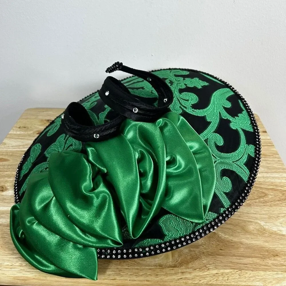 Church Derby Hat Green Black Damask Wide Brim Rhinestone Trim Satin Bow